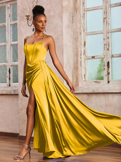 Spaghetti strap long skirt and ribbon Prom Dresses QIAIWAN Dress