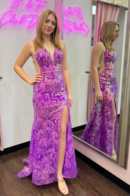 Purple Sequins Lace V Neck Mermaid Long Prom Dress with Slit