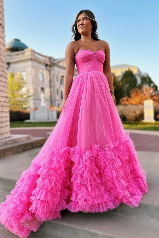 Pink Sweetheart Tiered Tulle Long Prom Dresses