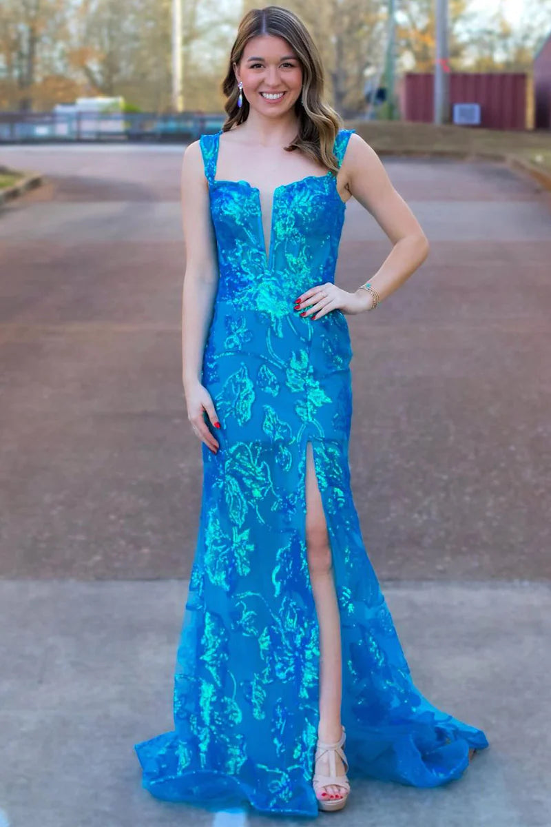 Blue Sequins Lace Mermaid Long Prom Dress with Slit