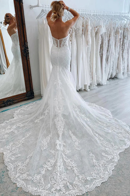 White Mermaid Sweetheart Tulle Wedding Dresses with Lace