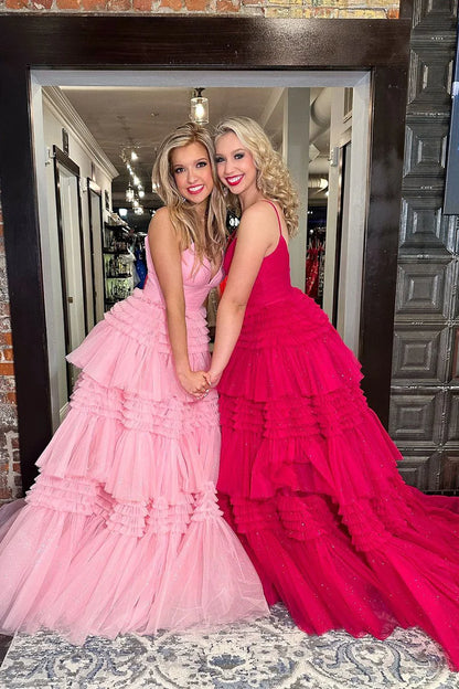 Pink V Neck Tiered Tulle Long Prom Dresses with Slit