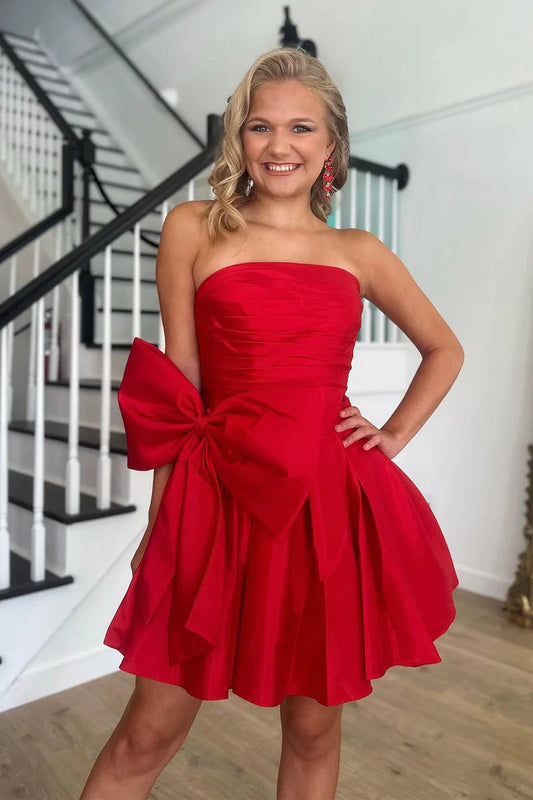 Cute A-Line Strapless Red Satin Short Homecoming Dresses with Bow