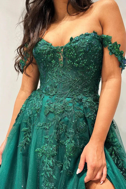 Glitter Emerald Appliques Off-the-Shoulder A-Line Long Prom Dress