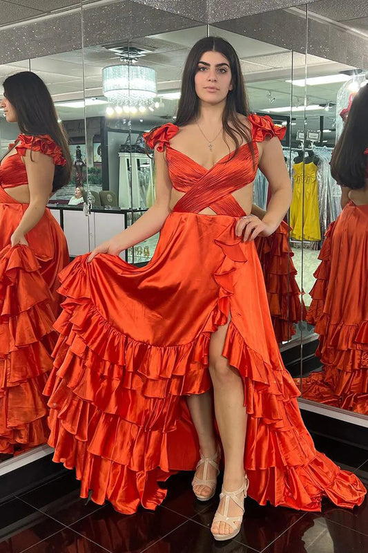 Coral Cutout Ruffle A-Line Long Prom Dress with Slit