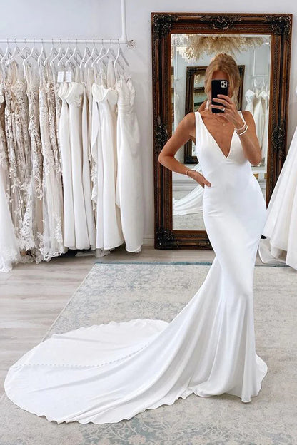 Charming Mermaid V Neck Backless White Soft Satin Wedding Dresses