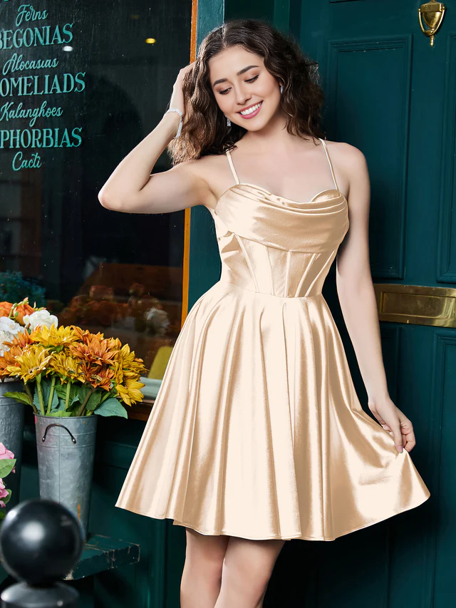 Narrow shoulder strap stretch satin homecoming dress - QIAIWAN Dress