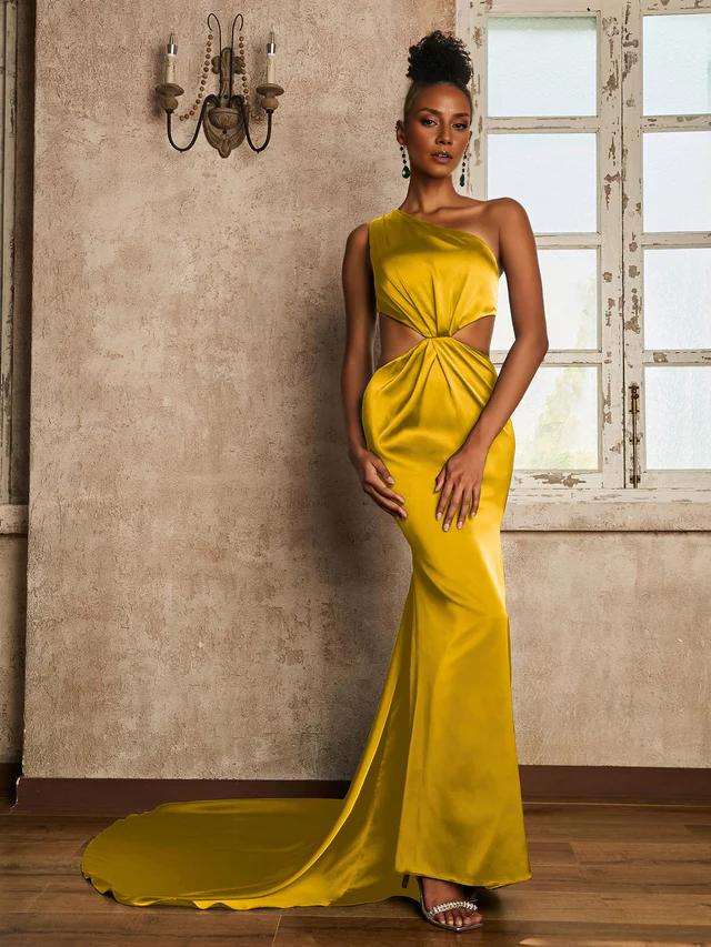 Single shoulder pleated floor length skirt Prom Dresses QIAIWAN Dress