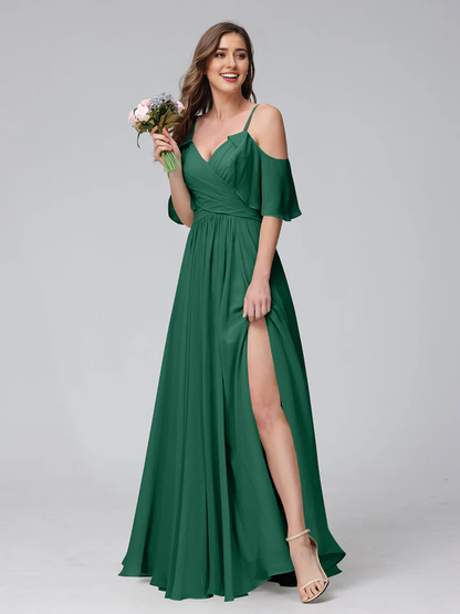 QIAIWAN Dress Chiffon V-neck A-line Split Bridesmaid Dress