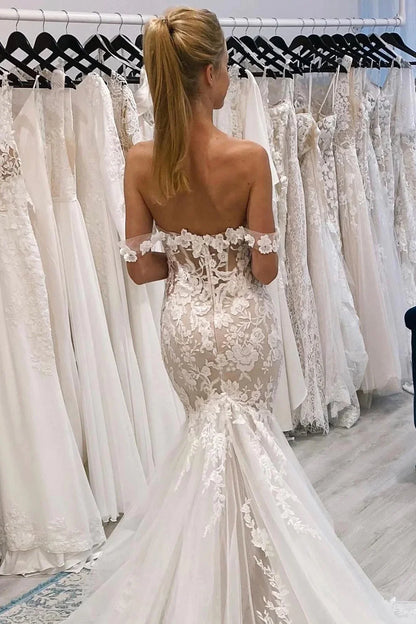 Ivory Off the Shoulder Long Lace Mermaid Wedding Dress