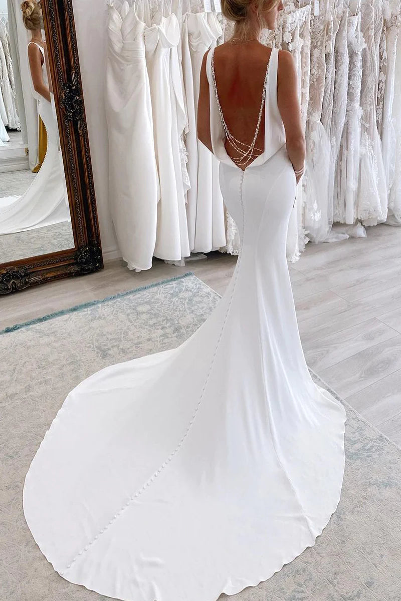 Charming Mermaid V Neck Backless White Soft Satin Wedding Dresses