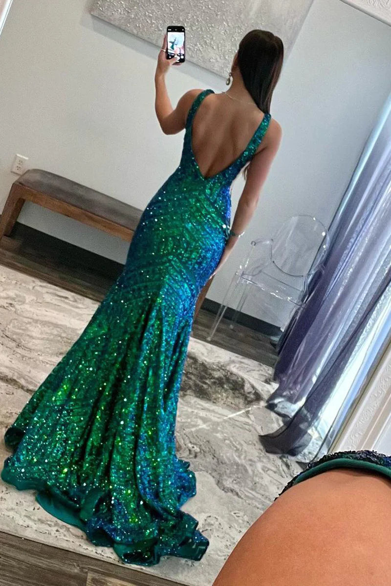 Dark Green Sequin Plunge V Mermaid Long Prom Dress