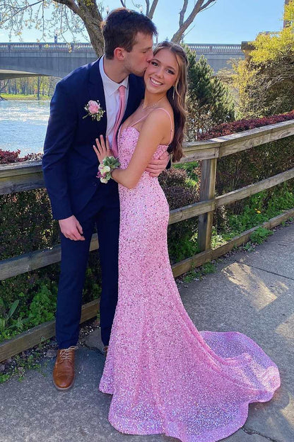 Pink Sequin Plunge V Mermaid Long Prom Dress