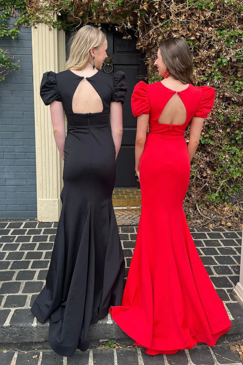 Red V Neck Mermaid Long Prom Dresses with Slit