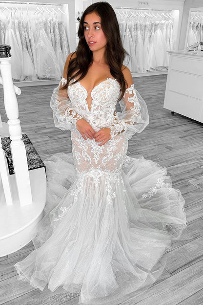 Mermaid Sweetheart Tulle Lace Wedding Dresses with Sleeves