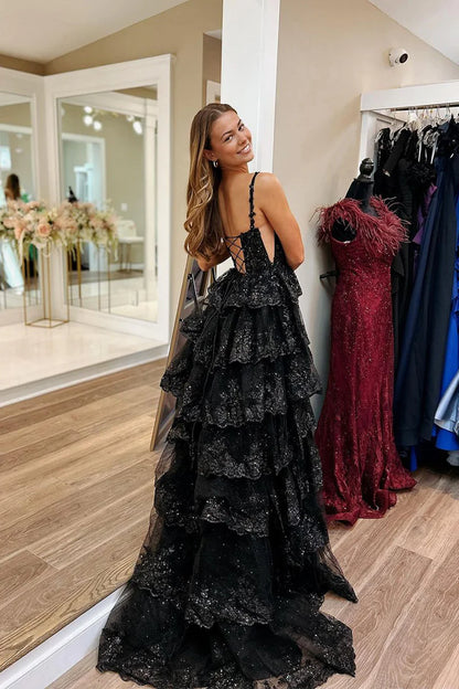 Black Sweetheart Tiered Sequin Lace Long Prom Dresses