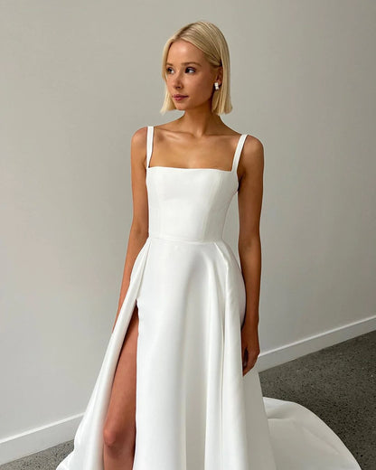 Cute A Line Square Neck Satin Wedding Dresses with Slit