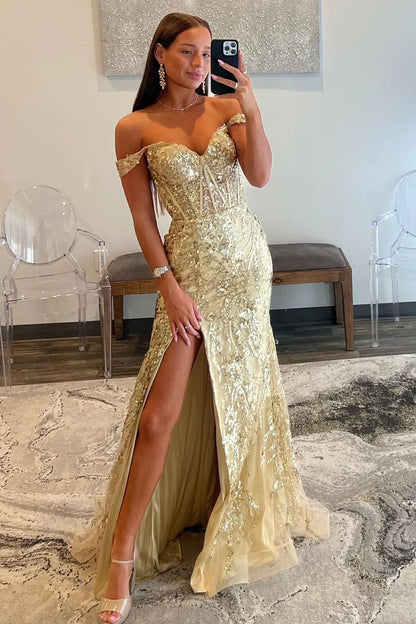 Gold Sequin Lace Off the Shoulder Mermaid Prom Dress