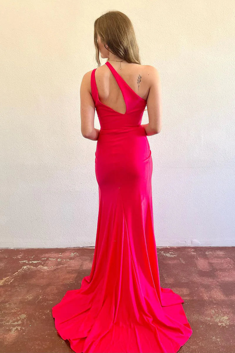 Fuchsia One Shoulder Long Prom Dress with Slit