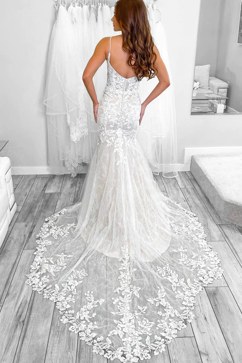 Mermaid V Neck Lace Wedding Dresses