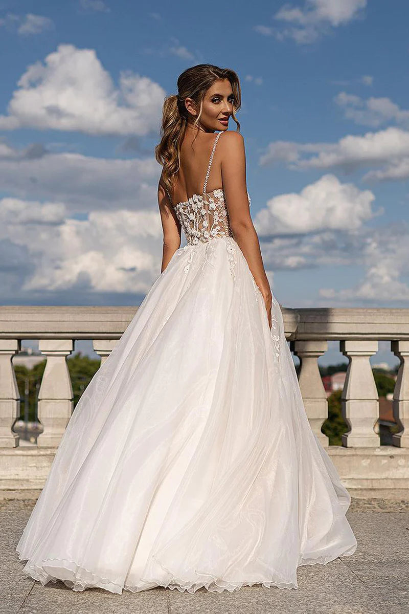 A-Line V Neck White Beaded Wedding Dress