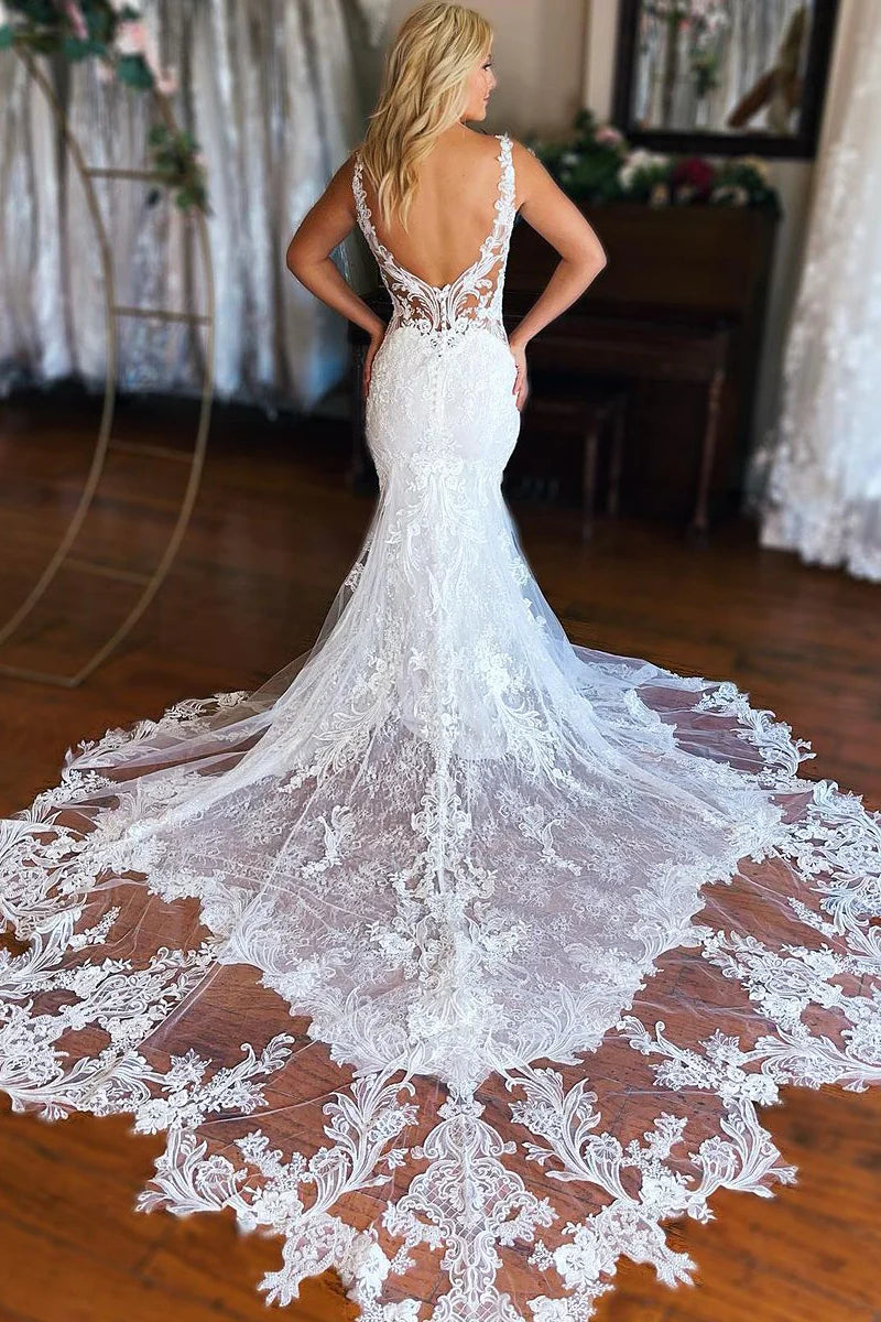 Elegant Mermaid V Neck White Lace Wedding Dresses with Train