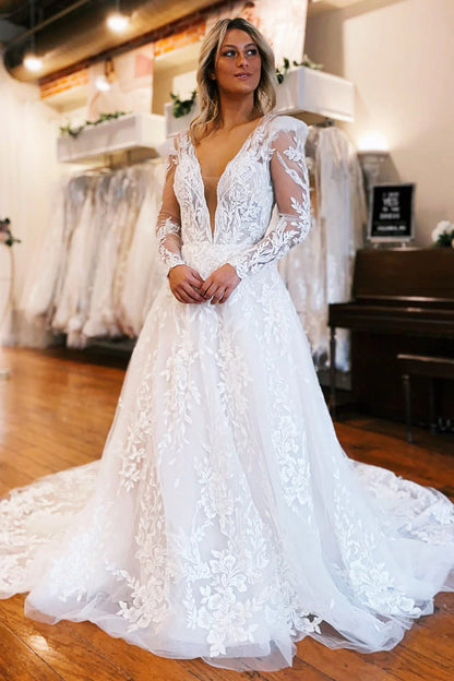 Ivory Appliques Plunge V Neck A-Line Long Wedding Dress with Long Sleeves