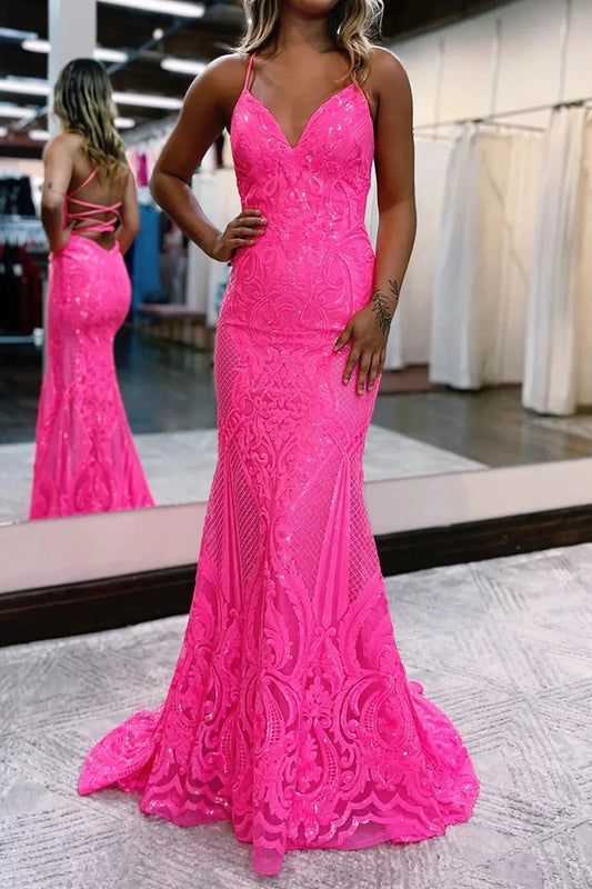 Sparkly Mermaid Backless Hot Pink Sequins Long Prom Dress