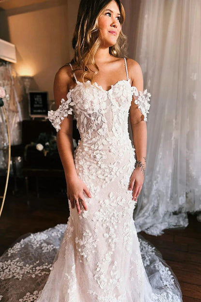 Princess Mermaid Cold Sleeves Floral Lace Boho Wedding Dresses