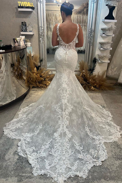 Gorgeous Mermaid Scoop Neck Lace Wedding Dresses