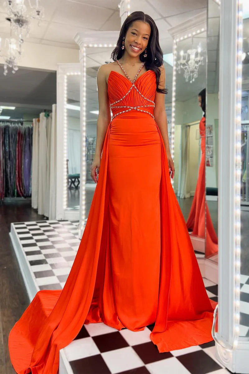 Orange Halter Beaded Long Prom Dresses with Train