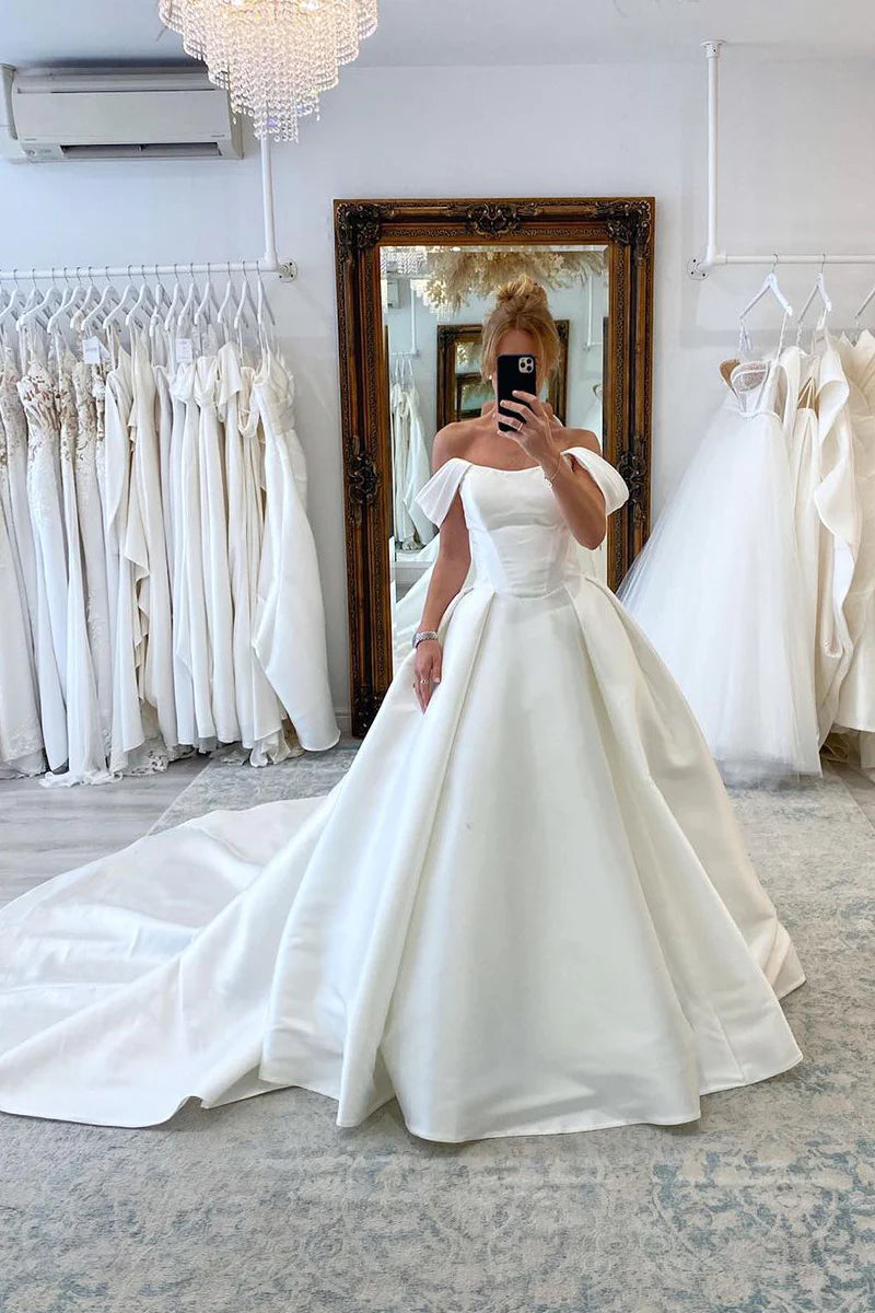 Elegant A-Line Off the Shoulder White Satin Wedding Dresses