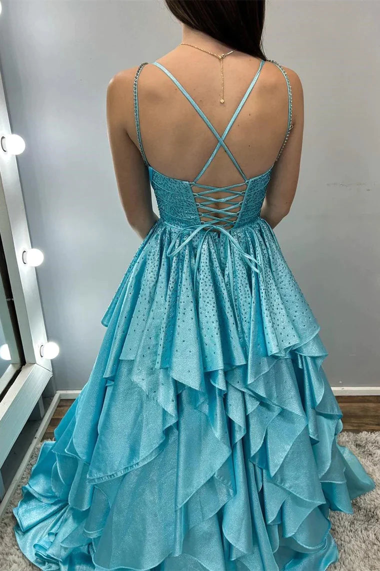 Aqua Blue Beaded Multi-Layer Ruffle Satin Long Prom Dress