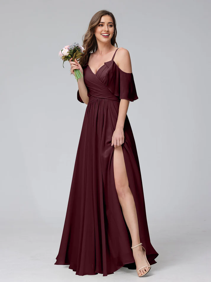 QIAIWAN Dress Chiffon V-neck A-line Split Bridesmaid Dress