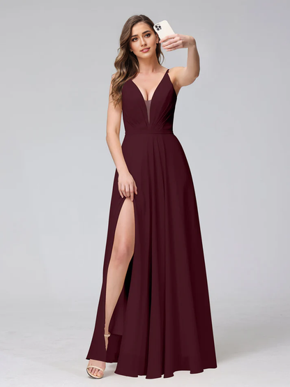 QIAIWAN Dress's charming V-neck sleeveless chiffon bridesmaid dress