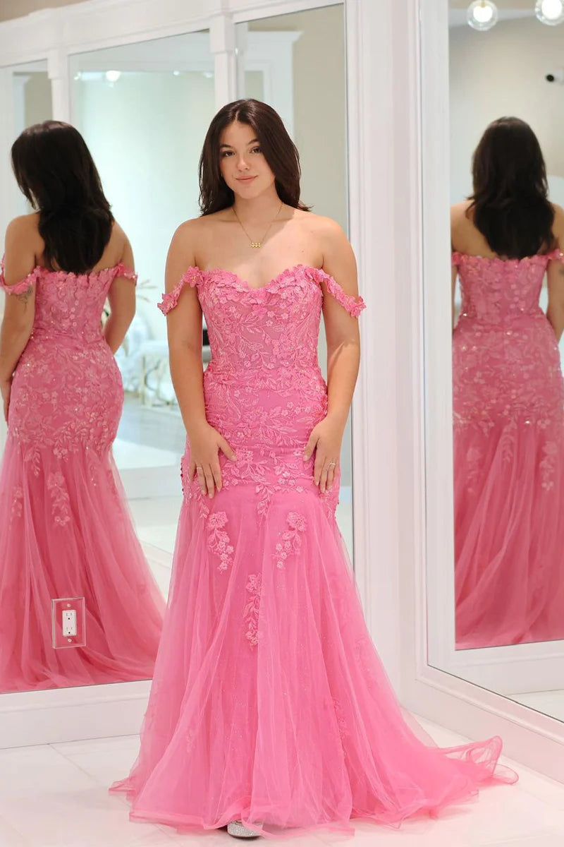 Pink Mermaid Off the Shoulder Tulle Long Prom Dress with Appliques