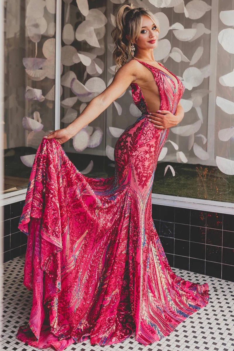 Mermaid V Neck Fuchsia Sequins Long Prom Dresses