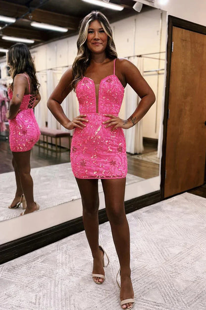 Hot Pink Spaghetti Straps Sequin Lace Tight Short Homecoming Dress