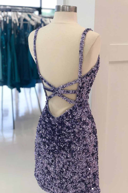 Sheath V Neck Purple Sequins Short Homecoming Dress