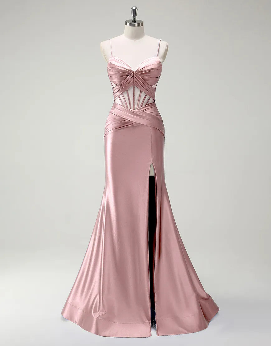 QIAIWAN Elegant Mermaid Satin Thin Strap Sleeveless V-neck Ball Dress