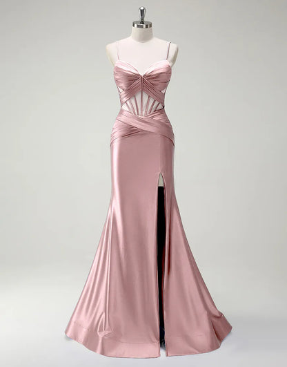 QIAIWAN Elegant Mermaid Satin Thin Strap Sleeveless V-neck Ball Dress