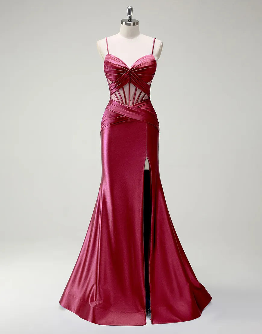 QIAIWAN Elegant Mermaid Satin Thin Strap Sleeveless V-neck Ball Dress