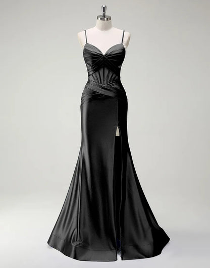 QIAIWAN Elegant Mermaid Satin Thin Strap Sleeveless V-neck Ball Dress