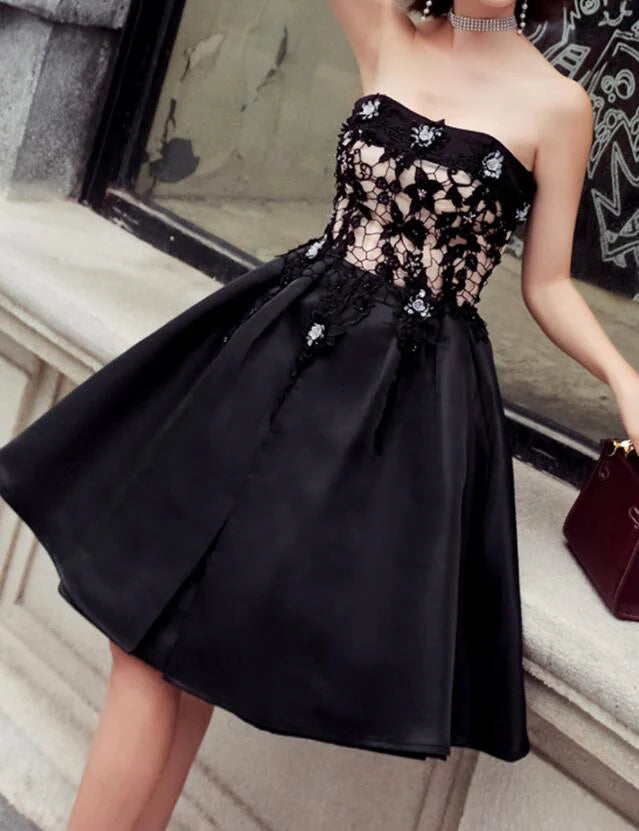 Black Satin with Lace Knee Length Prom Dress Homecoming Dress, Black Party Dresses