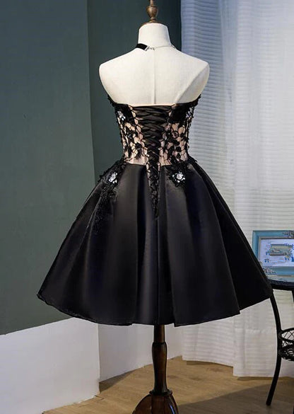 Black Satin with Lace Knee Length Prom Dress Homecoming Dress, Black Party Dresses