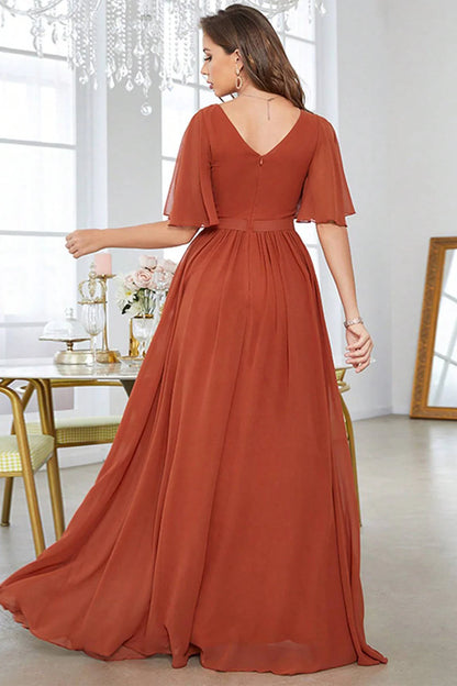 Brick Red A-Line Party Dress V-Neck Pleated Prom Dress With Short Sleeves