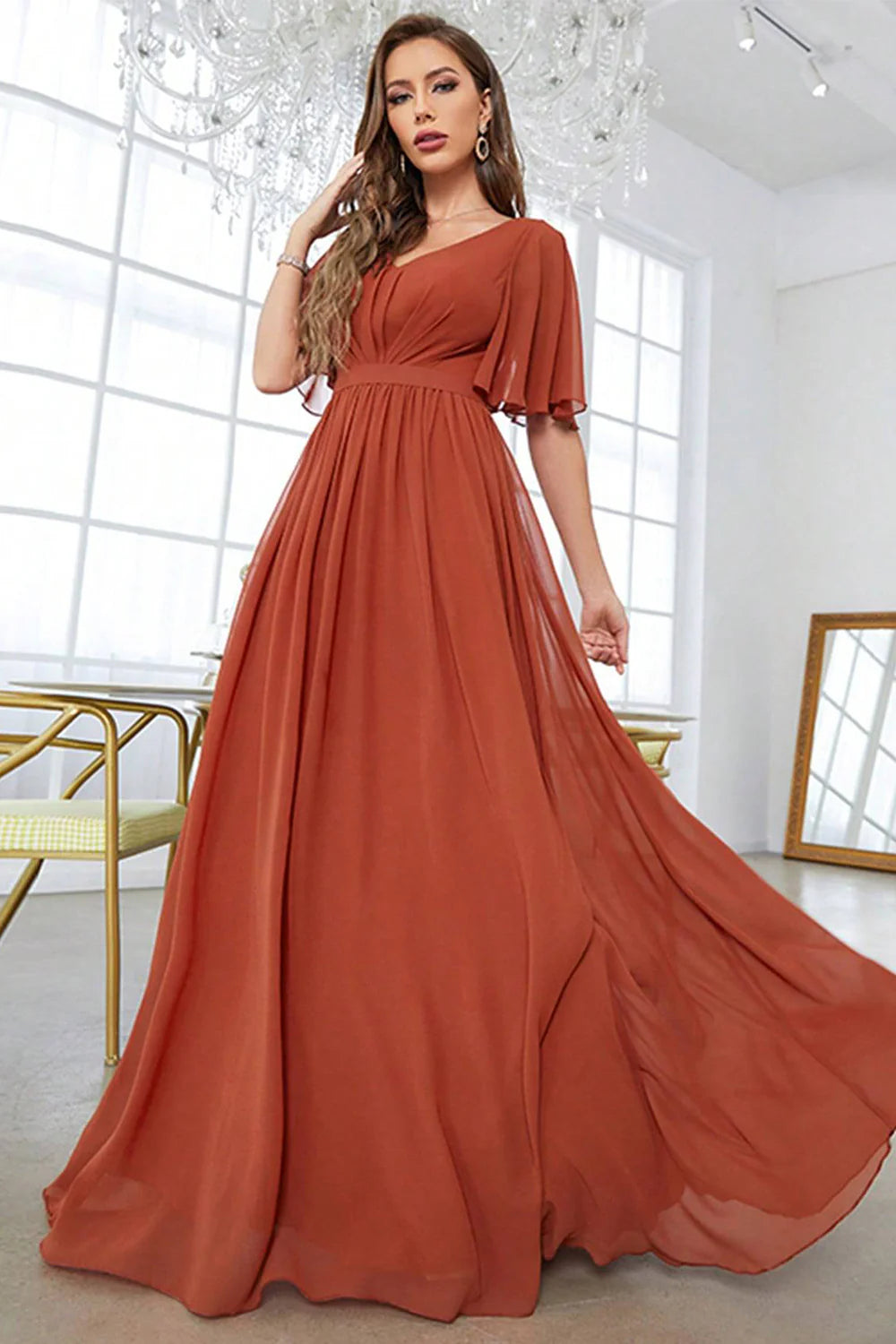 Brick Red A-Line Party Dress V-Neck Pleated Prom Dress With Short Sleeves