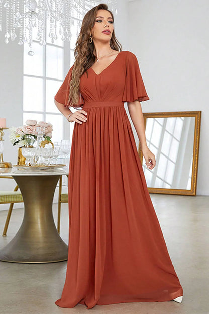 Brick Red A-Line Party Dress V-Neck Pleated Prom Dress With Short Sleeves