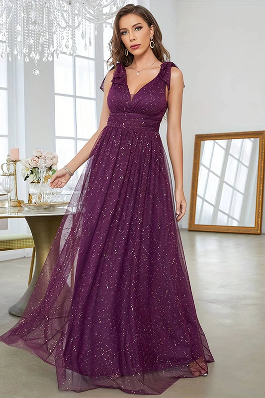 A-Line V-Neck Sequins Purple Tulle Long Prom Dress With Sleeveless