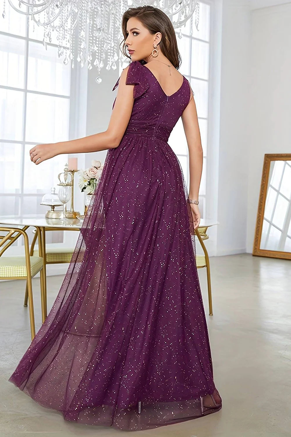 A-Line V-Neck Sequins Purple Tulle Long Prom Dress With Sleeveless